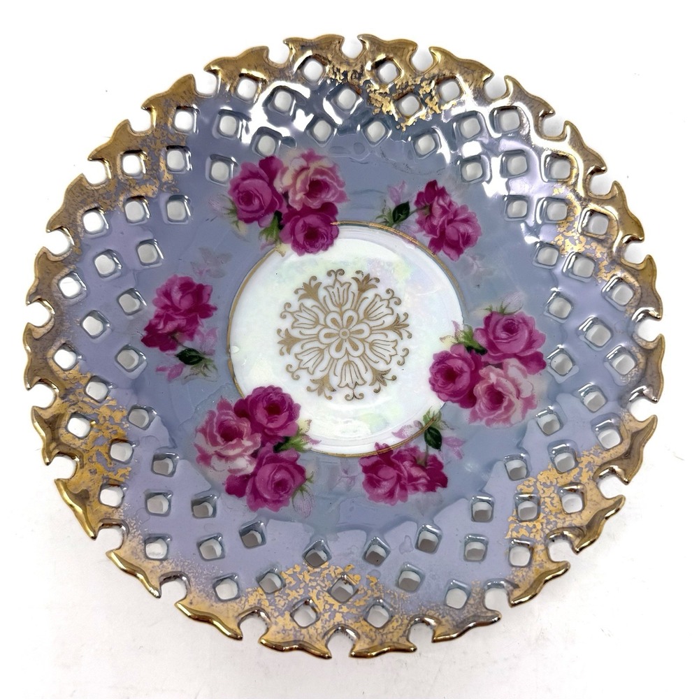 Royal Halsey Pierced Plate Japan Reticulated Pink Roses Gold Gilt Lusterware 6"